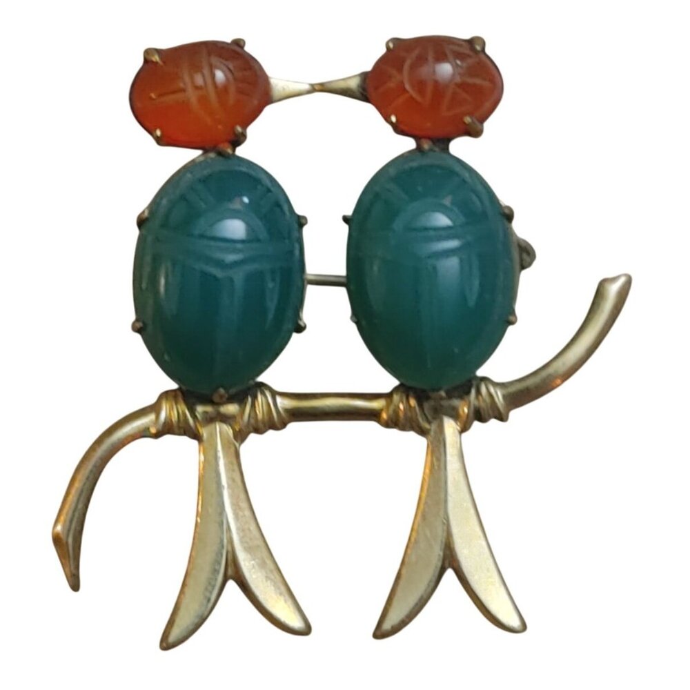Vintage WRE 12K GF Scarab Beetle Brooch Green Orange Glass Cabochons Reversed